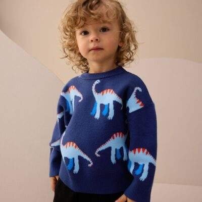 Blue Dinosaur Knitted Crew Neck Jumper