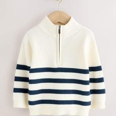 Ecru/Navy Stripe Knitted Quarter Zip Jumper
