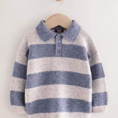 Blue Stripe Knitted Rugby Polo Shirt