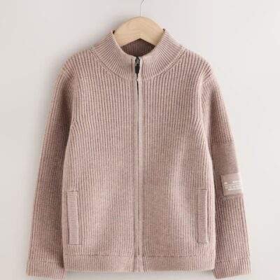Neutral Utility Zip Through Knitted Cardigan