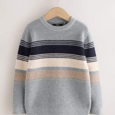 Grey Colourblock Stripe Crew Neck Knitted Jumper