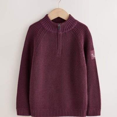 Plum Purple Utility Zip Neck Knitted Jumper