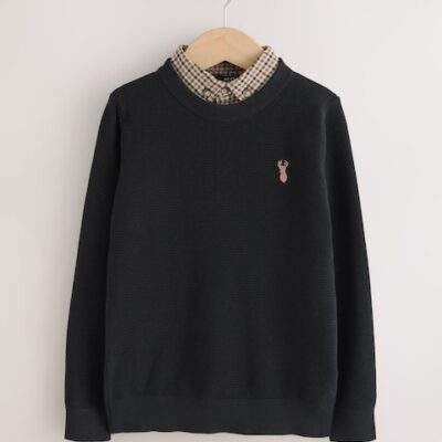 Black Mock Gingham Shirt and Crew Neck 100% Cotton Jumper