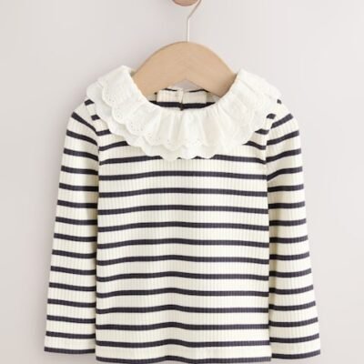 Black and White Stripe Long Sleeve Collar Top