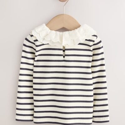 Black and White Stripe Long Sleeve Collar Top