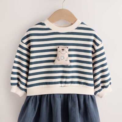 Navy Striped Mesh Skirt Sweat Dress