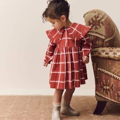 Red Check Long Sleeve Collared Dress