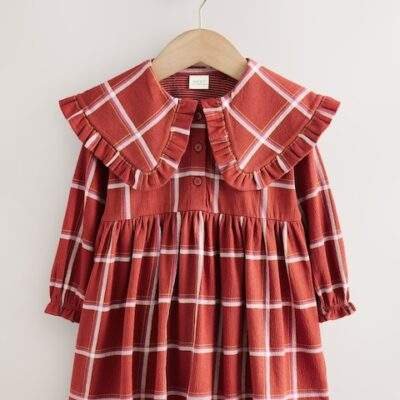 Red Check Long Sleeve Collared Dress