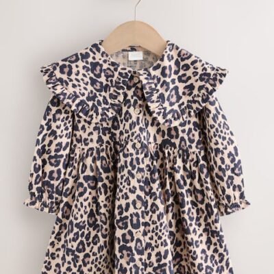 Leopard Print Long Sleeve Collared Dress