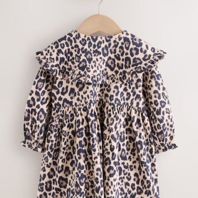 Leopard Print Long Sleeve Collared Dress