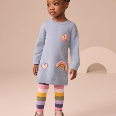 Blue Embroidered Jumper Dress and Tights Set