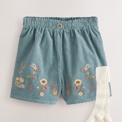 Navy Floral Embroidered Shorts with Tights