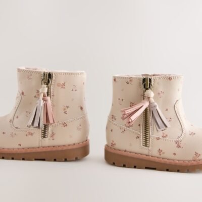 Neutral Floral Standard Fit (F) Chelsea Zip Tassel Ankle Boots