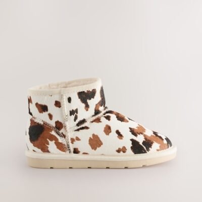 Brown/Cream Cow Print Standard Fit (F) Suede Pull On Boots