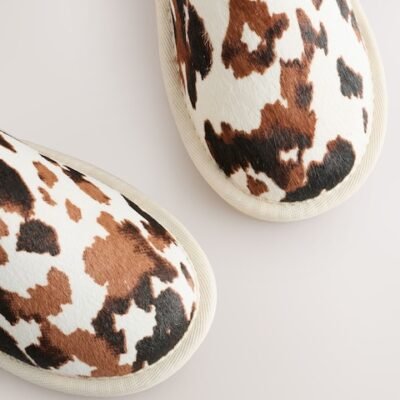 Brown/Cream Cow Print Standard Fit (F) Suede Pull On Boots