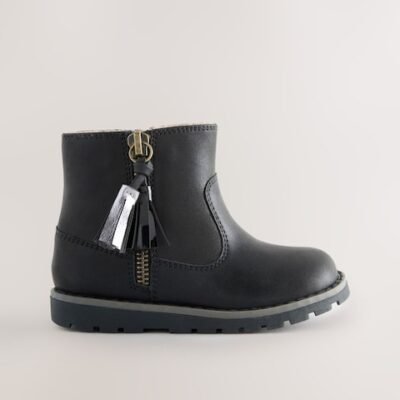 Black Standard Fit (F) Chelsea Zip Tassel Ankle Boots