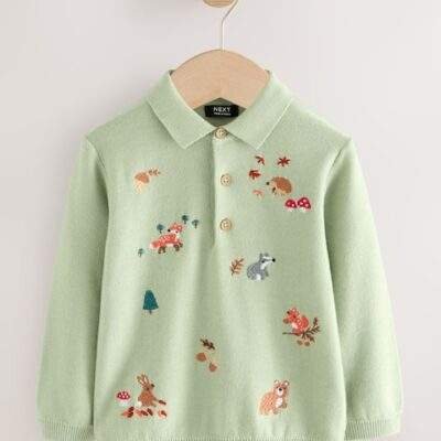 Sage Green All-Over Embroidered Knitted Polo Shirt