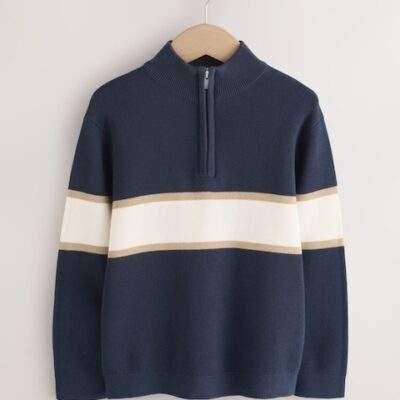 Navy Blue Colourblock Zip Neck Knitted Jumper