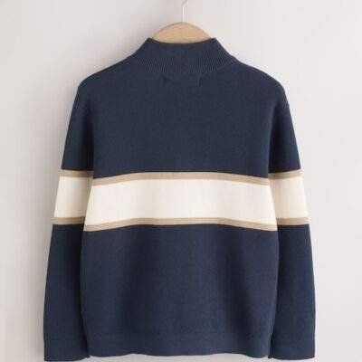 Navy Blue Colourblock Zip Neck Knitted Jumper
