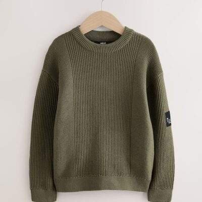 Khaki Green Utility Knitted Crew Neck Jumper