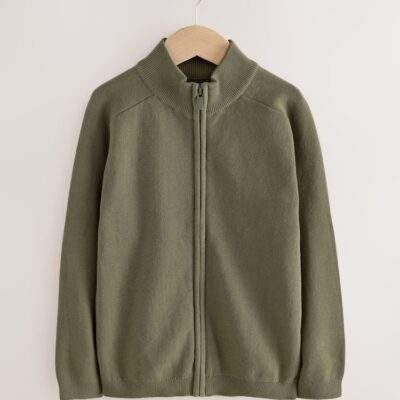 Khaki Green Zip Through Knitted Cardigan
