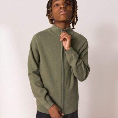 Khaki Green Zip Through Knitted Cardigan