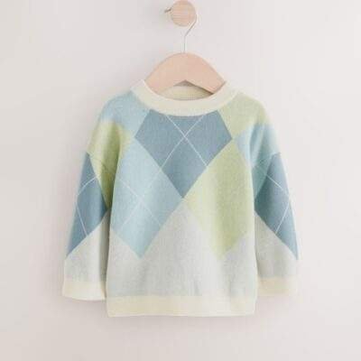 Green/Blue Argyle Knitted Crew Neck Cotton Jumper