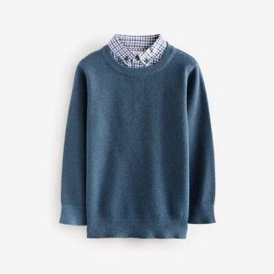 Navy Mock Gingham Shirt and Crew Neck 100% Cotton Jumper