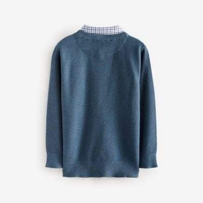 Navy Mock Gingham Shirt and Crew Neck 100% Cotton Jumper