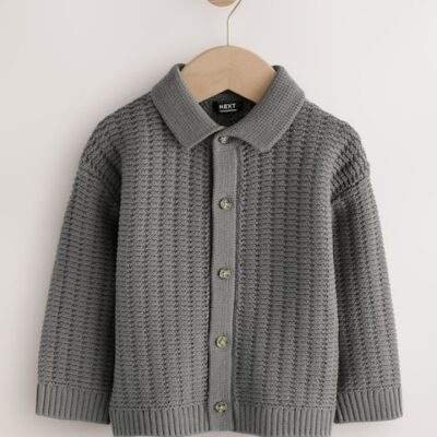 Charcoal Grey Textured Button Through Knitted Polo Shirt