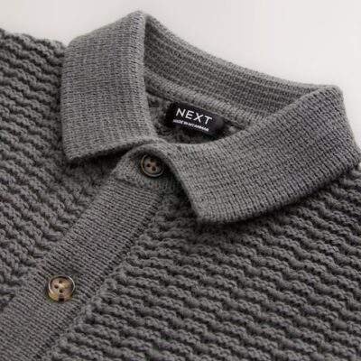 Charcoal Grey Textured Button Through Knitted Polo Shirt