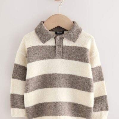 Grey/Brown Stripe Knitted Rugby Polo Shirt