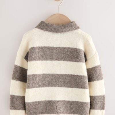 Grey/Brown Stripe Knitted Rugby Polo Shirt