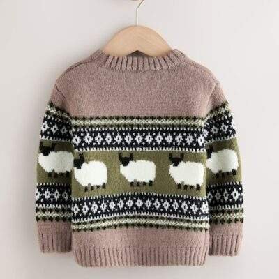 Brown Sheep Fairisle Pattern Knitted Crew Neck Jumper