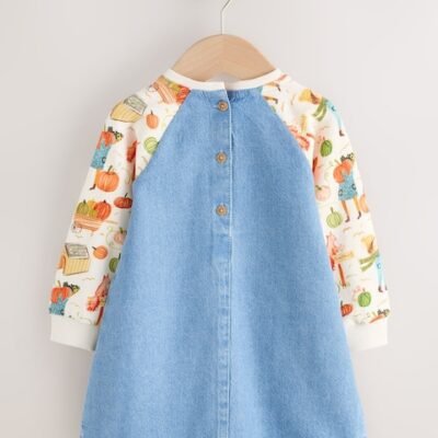 Pumpkin Print Raglan Denim Dress
