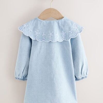 Light Blue Denim Embroidered Collar Dress