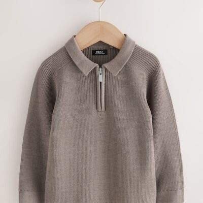 Mink Brown Long Sleeve Quarter Zip Knitted Polo Shirt