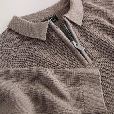 Mink Brown Long Sleeve Quarter Zip Knitted Polo Shirt