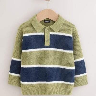 Green/Blue Knitted Stripe Rugby Polo Shirt