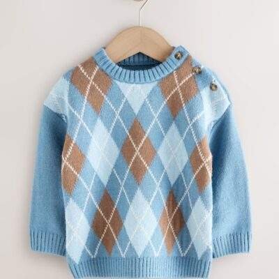 Blue Argyle Knitted Crew Neck Cotton Jumper