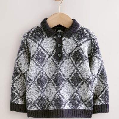 Navy Blue Argyle Knitted Polo Jumper