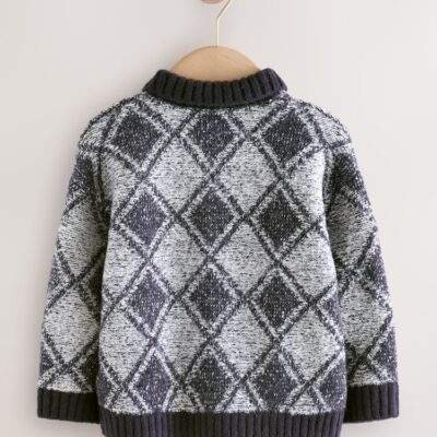 Navy Blue Argyle Knitted Polo Jumper