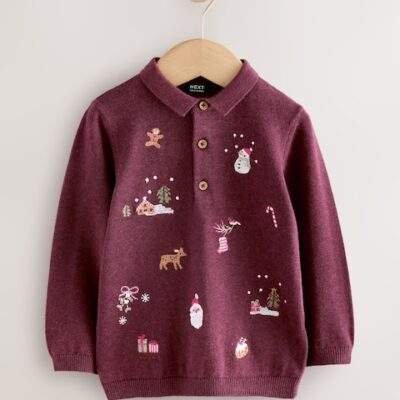 Plum Purple All Over Embroidered Knitted Christmas Polo Shirt