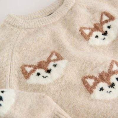 Neutral Fox Print Knitted Crew Neck Jumper
