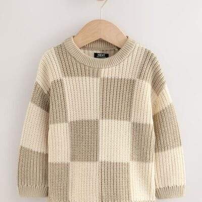 Neutral Checkerboard Knitted Crew Neck Jumper