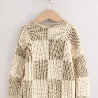 Neutral Checkerboard Knitted Crew Neck Jumper