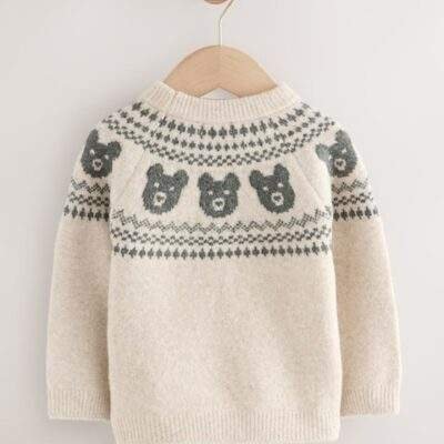 Neutral Bear Fairisle Pattern Knitted Crew Neck Jumper