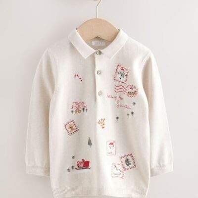 Cream All Over Embroidered Knitted Christmas Polo Shirt