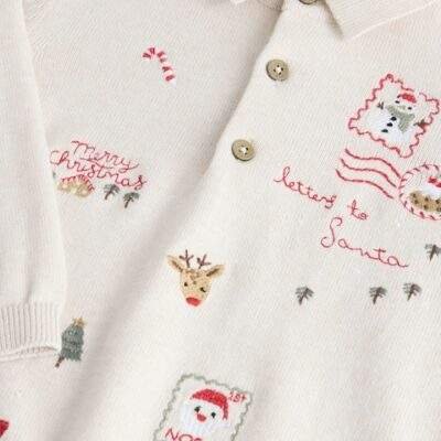 Cream All Over Embroidered Knitted Christmas Polo Shirt