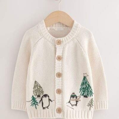 Cream Penguin Pattern Christmas Cardigan